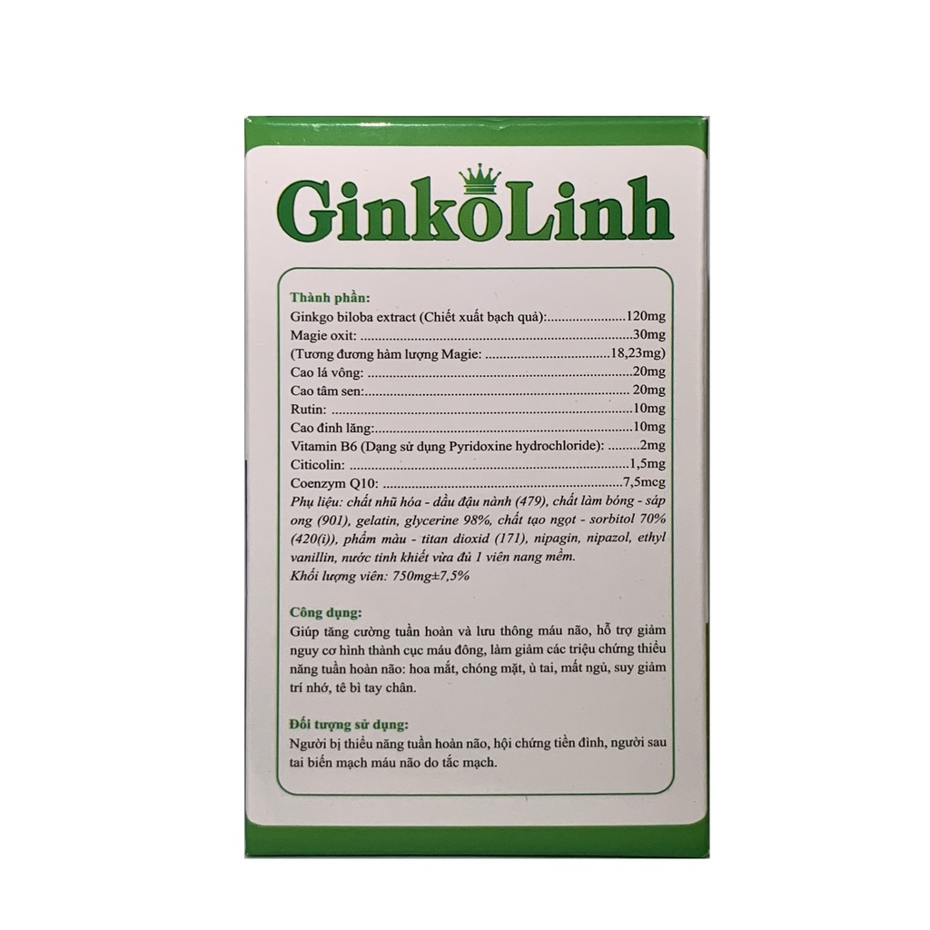 Hoạt huyết dưỡng não GINKOLINH - GIÚP GIÃN ĐỘNG MẠCH, TĂNG CO BÓP MẠCH MÁU