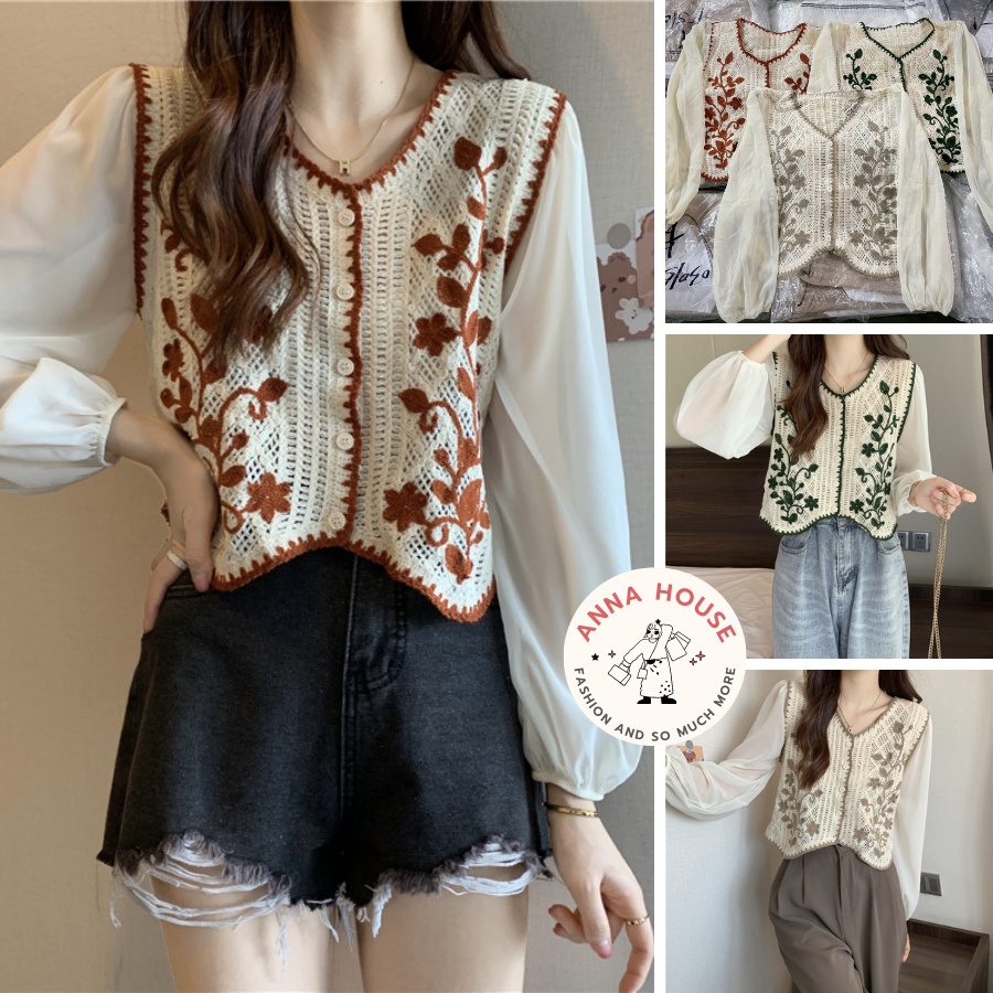 Áo sơ mi gile len mỏng dáng ngắn croptop cổ V dài tay bồng thêu hoa babydoll, áo sơ mi kiểu dáng gile dài tay chất len