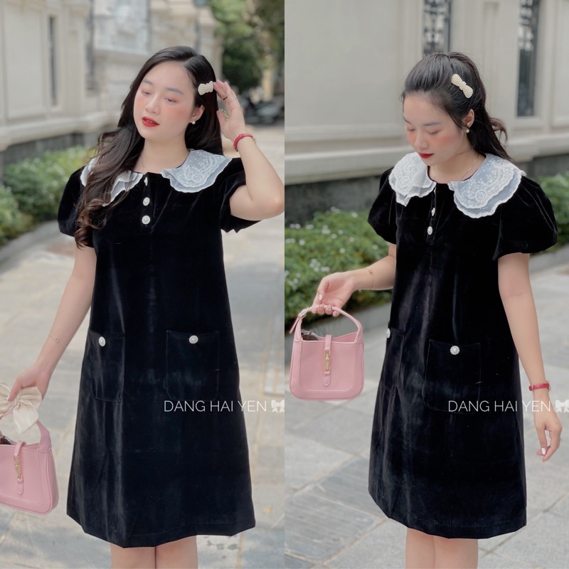 Váy nhung thiết kế Lamie cổ ren đá cao cấp tiểu thư