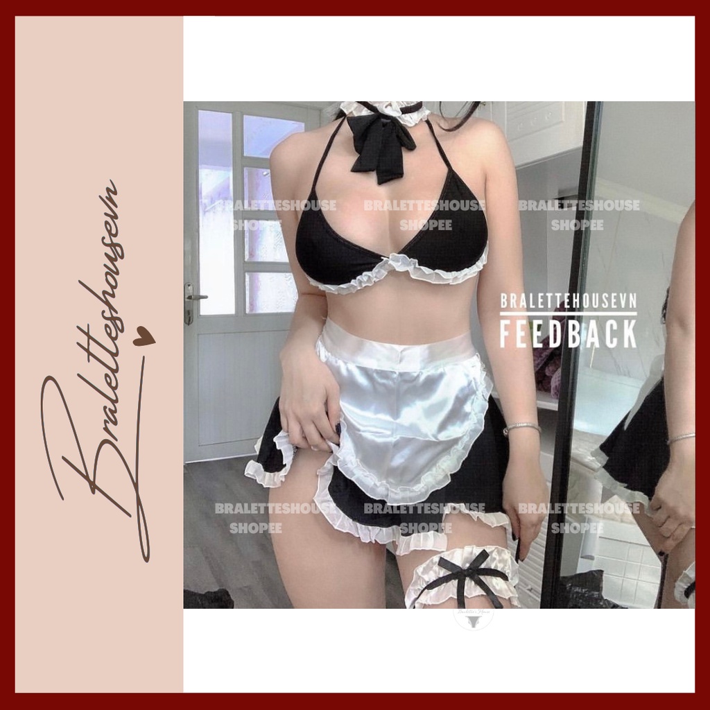 Set Cosplay hầu gái nữ gợi cảm Queen Maid dây mảnh kèm váy xòe S891 Set Bralettehousevn