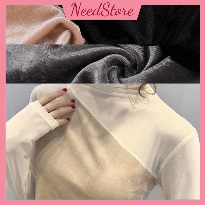 Áo giữ nhiệt nữ cổ tròn chất nhung siêu ấm phối lưới ôm body co giãn sang trọng quý phái phối vest blazer