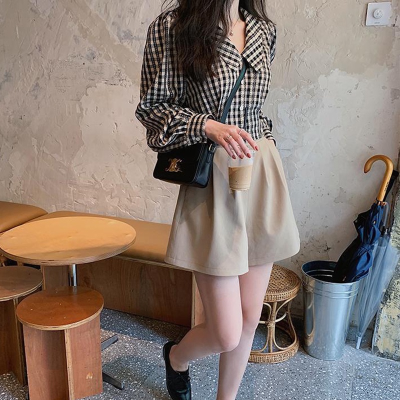 Áo sơ mi IELGY kiểu ngắn tay dài họa tiết caro phong cách thời trang retro