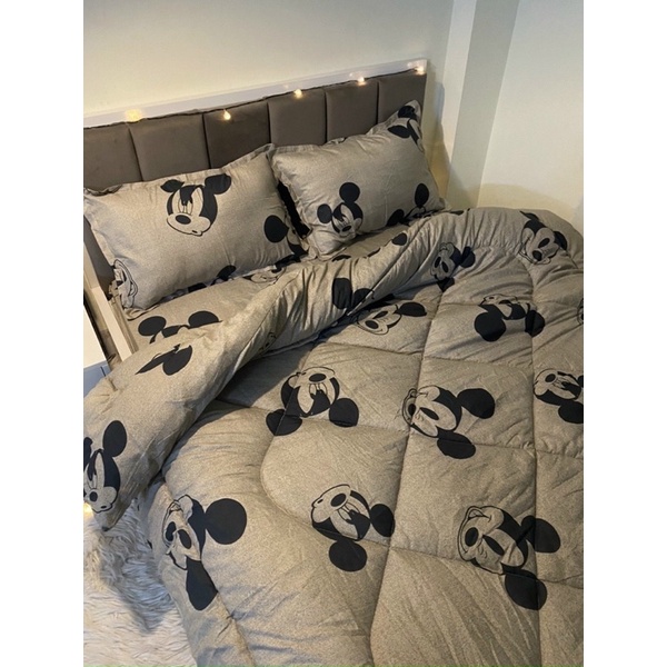 Bộ chăn ga gối micky nâu cotton poly, set chăn ga gối micky cotton poly miễn phí bo chun ga giường