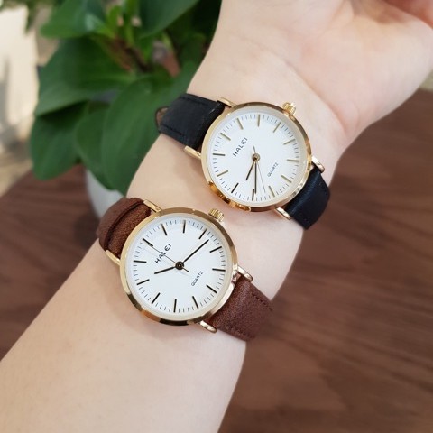 Đồng hồ nam Halei dây da nâu mặt số vạch chính hãng Tony Watch 68