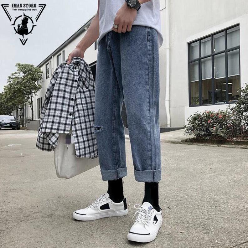 Quần bò jean baggy nam rách 1 gối hot boy hàn quốc 2022