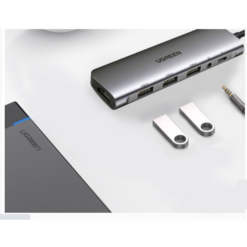 Cáp Chuyển USB C 6 in 1 UGREEN 80132 ( USB C to 3 USB 3.0+HDMI 4K + Audio 3.5mm hỗ trợ Mic + USB Type C)