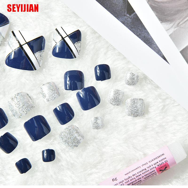 (Hàng Mới Về) Bộ 24 Móng Chân Giả Màu Xanh Dương Kèm Keo Dán