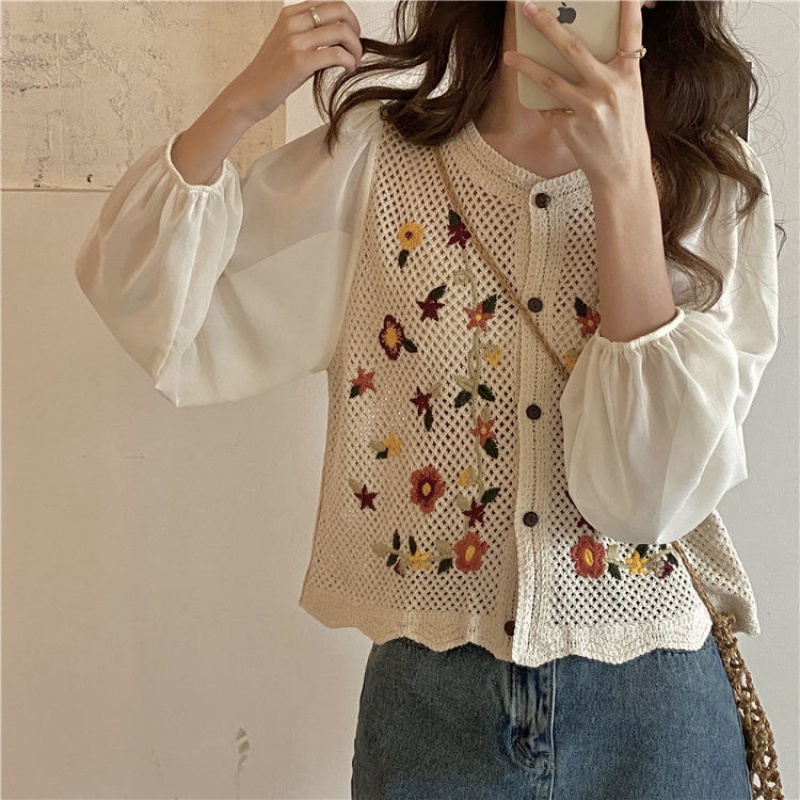 Áo Chiffon Dệt Kim Tay Dài Dáng Ngắn Thời Trang Mùa Hè Hàng Mới Phong Cách Pháp Dễ Phối Đồ Cho Nữ 2023