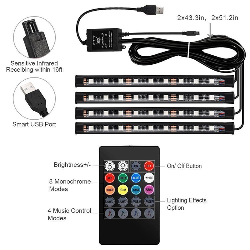 Set 4 Dải Đèn Led Rgb Dc12V 9 Bóng Trang Trí Nội Thất Xe Ô Tô