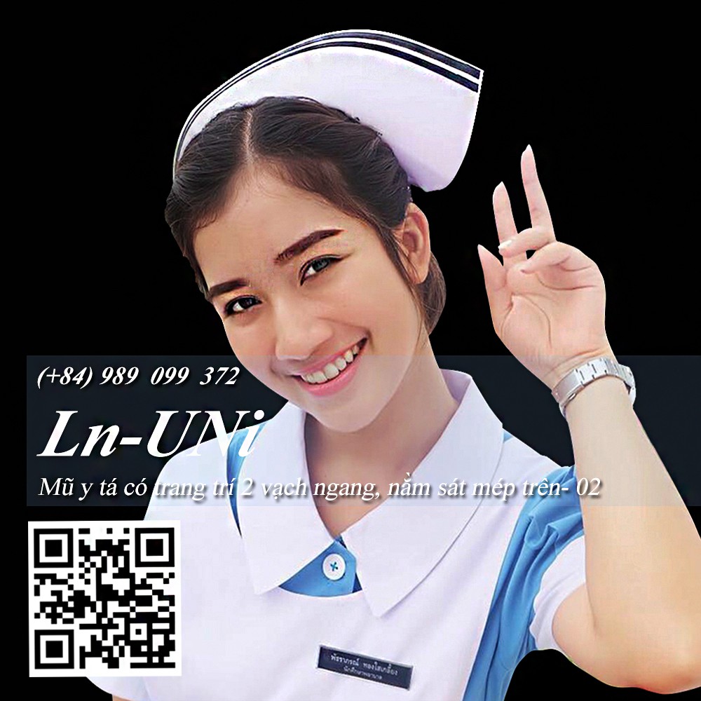 Mũ y tá đẹp loại cứng, trang trí 2 vạch ngang, sát mép trên 02 (chỉ còn dây viền màu xanh)