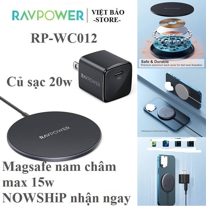 Bộ Đế Sạc Không Dây Mag.sae Nam Châm 15W RAVPower RP-WC012 Kèm Củ Sạc Type C 20W
