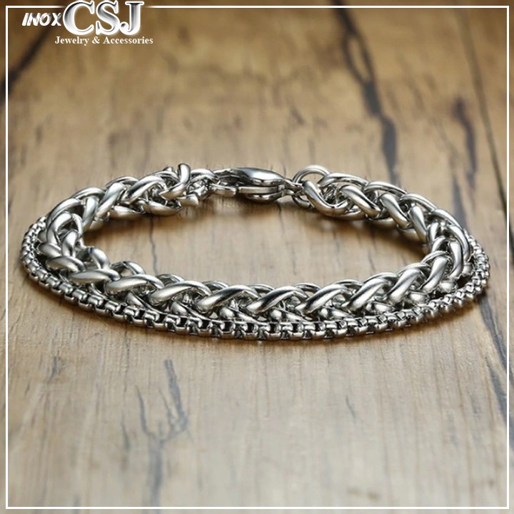 lắc tay inox nam 2 tầng kiểu bông dừa đẹp, không đen, chuẩn thời trang