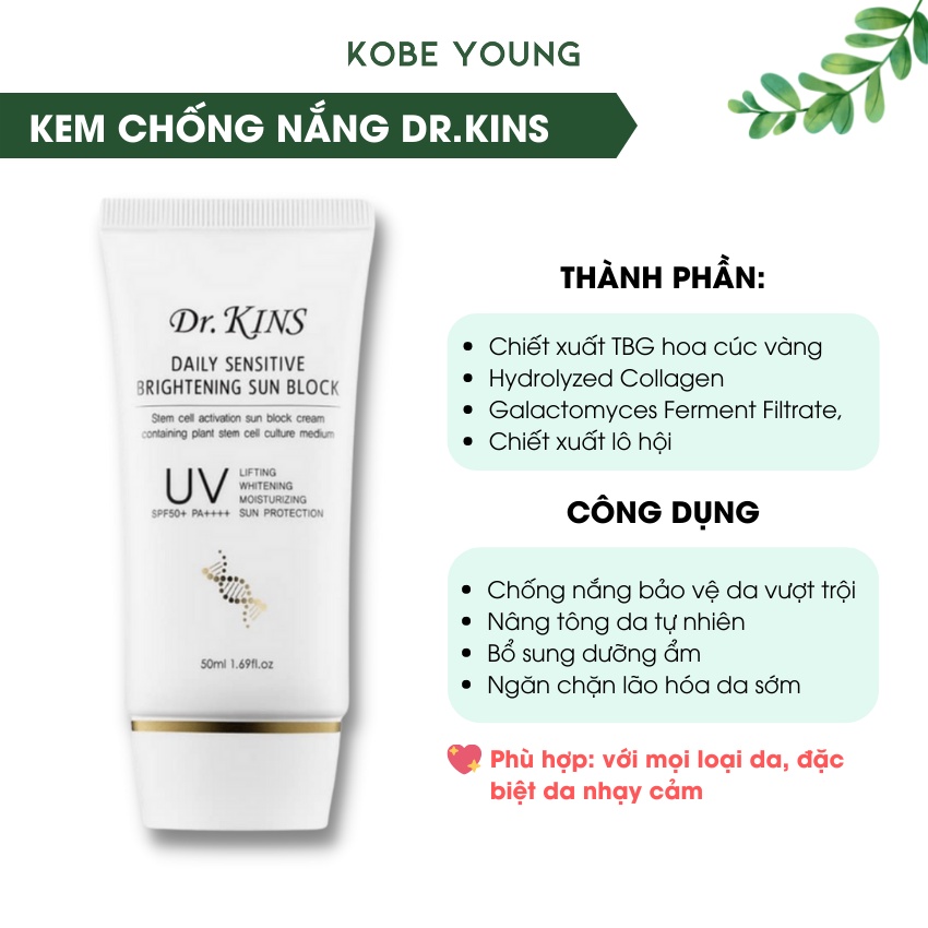 Kem Chống Nắng Tế Bào Gốc Dưỡng Ẩm Chống Nhăn Dr.kins Daily Sensitive Brightening Sun Block 50ml - KOBE YOUNG