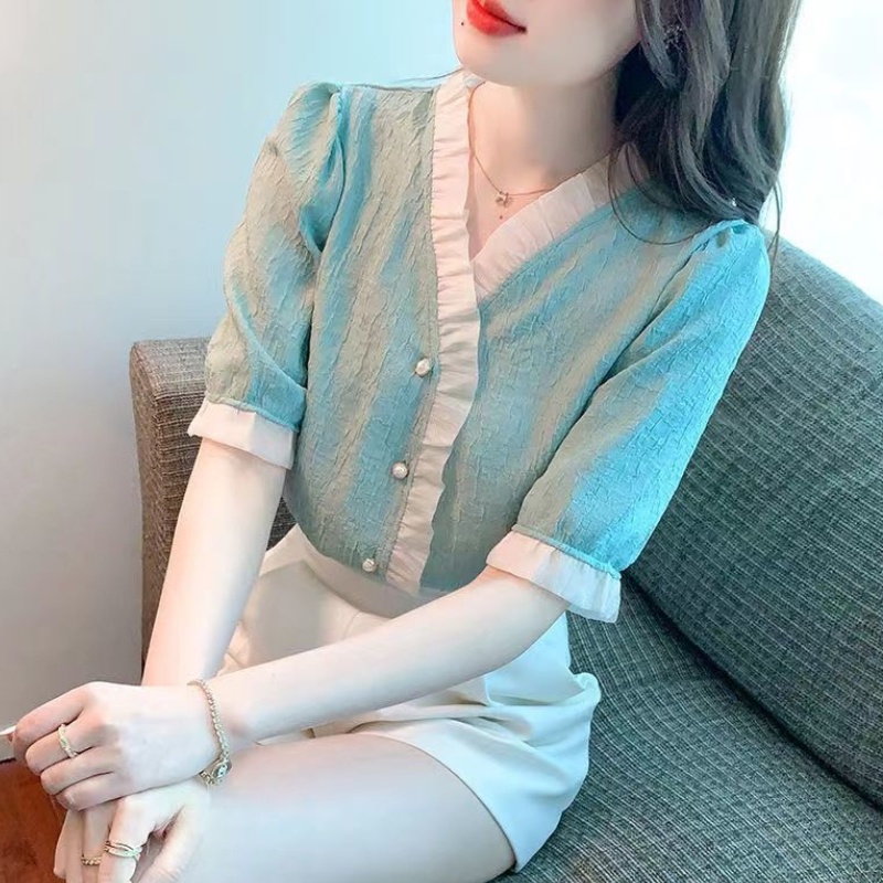 Áo Sơ Mi Chiffon Tay Ngắn Cổ Chữ V Màu Trơn Thời Trang Mùa Hè Phong Cách Hàn Quốc Dành Cho Nữ