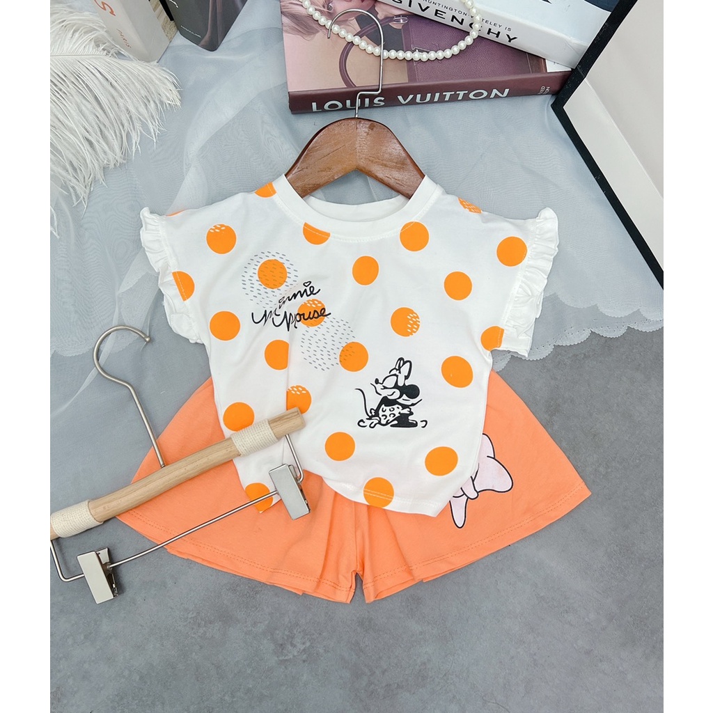 Bộ cộc tay bé gái chất cotton chấm bi tay bèo quần giả váy cho bé