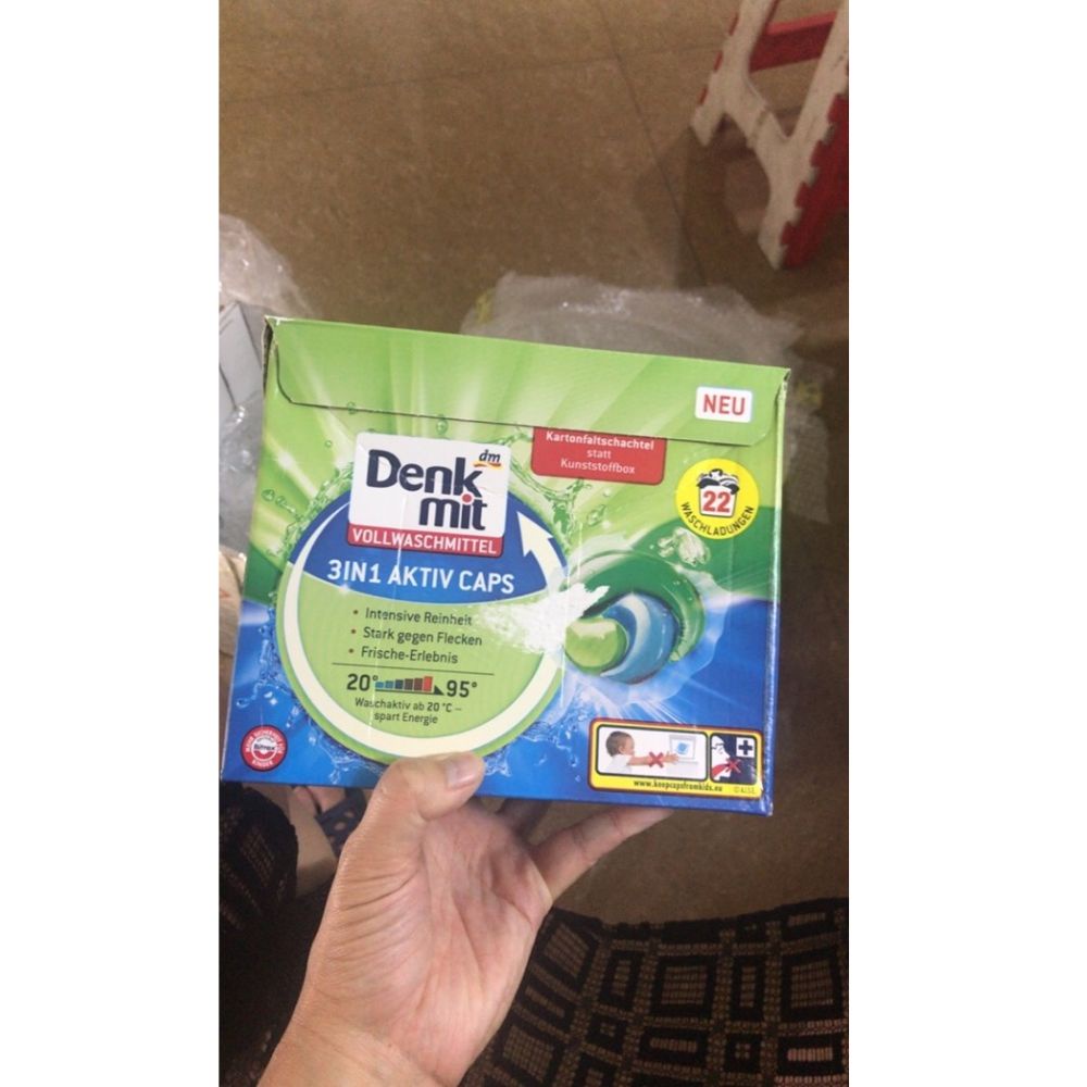 Viên Giặt Tẩy Trắng Quần Áo 3in1 Denkmit Màu xanh Hộp 22 Gói Hàng Đức Nhập Khẩu