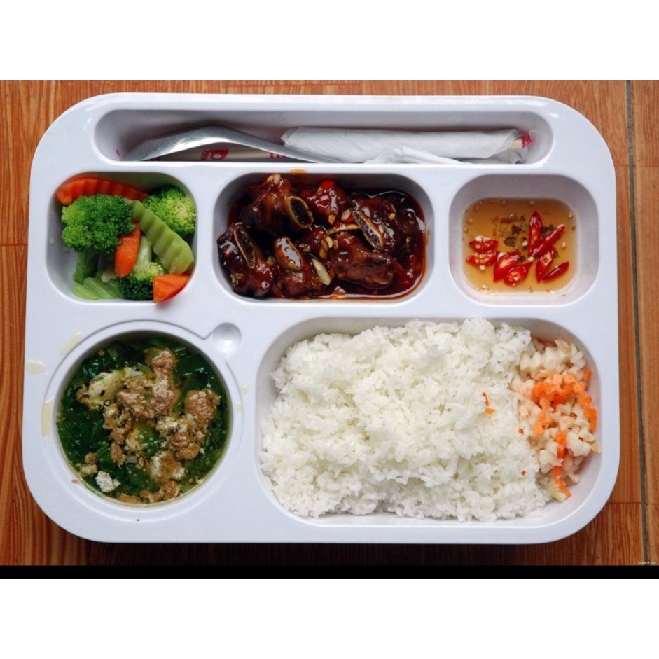 Khay cơm văn phòng nhựa melamine cao cấp 6 ngăn 33 × 26 ×6 cm cao có 2 nắp đậy