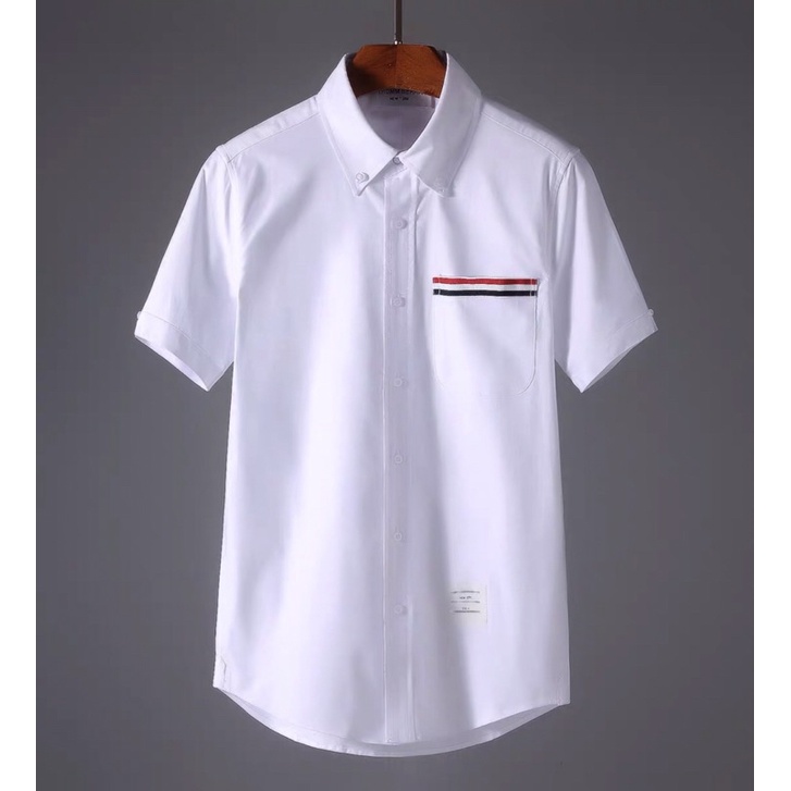 Áo sơ mi Thom Browne trắng, tay ngắn viền túi cao cấp