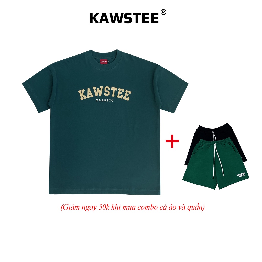 Áo thun Unisex KAWSTEE form rộng in hình basic màu xanh rêu 2022