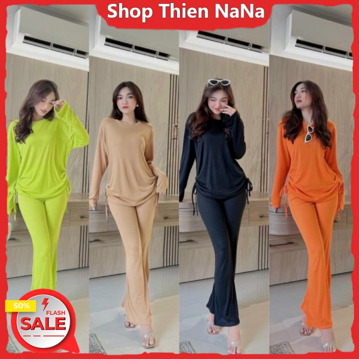 Set Nữ , Đồ Bộ Áo Thun From Rộng Dài Tay Rút Dây 2 Bên Eo Kèm Quần Ôm Legging Dài Ống Loe 4 Màu