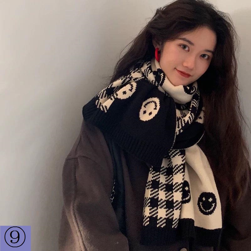 Khăn Choàng Cổ Giữ Ấm Mùa Đông Bằng Len Cashmere Họa Tiết Mặt Cười Màu Trắng Đen Phong Cách Hàn Quốc Dễ Phối Đồ