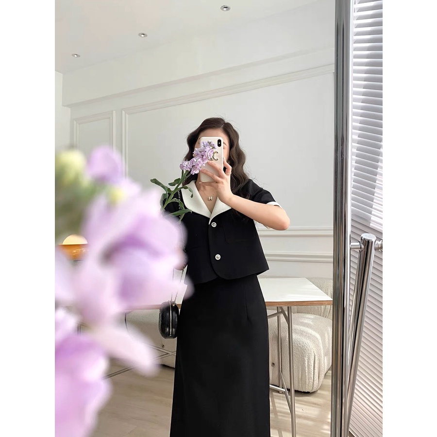 SET ÁO CROPTOP ĐEN CỔ TRẮNG + CHÂN VÁY MIDI ĐEN