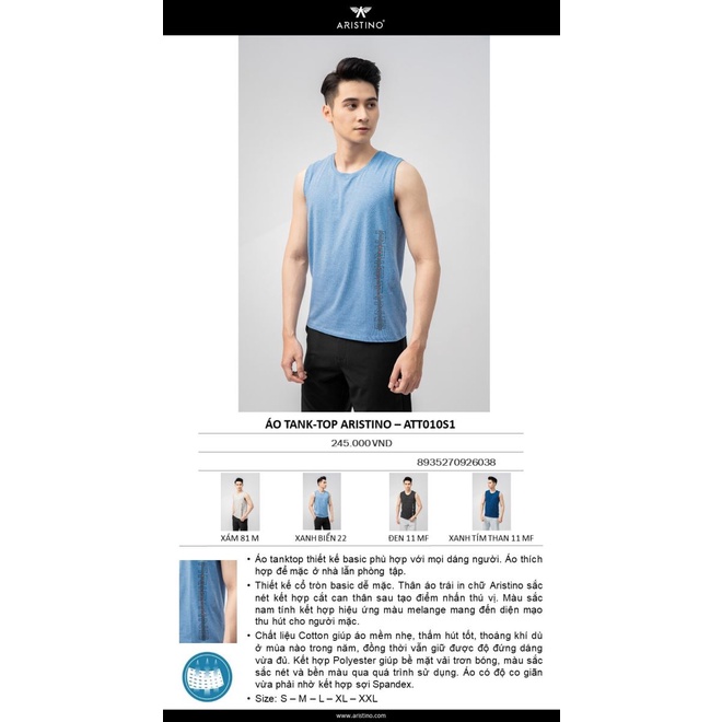 Áo Ba Lỗ TANK-TOP ARISTINO ATT010S1 Cotton Đanh Mịn Mát