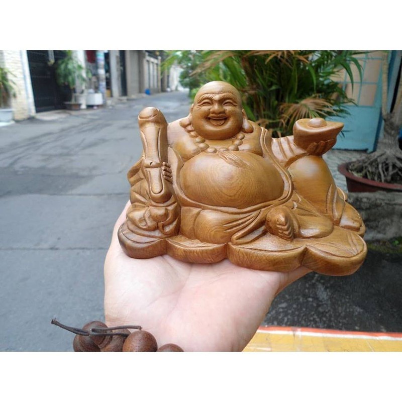 Tượng Gỗ Chạm Khắc Hình Phật Di Lặc Hoan Hỉ Cầm Gậy Như Ý - Để Taplo Bàn Làm Việc