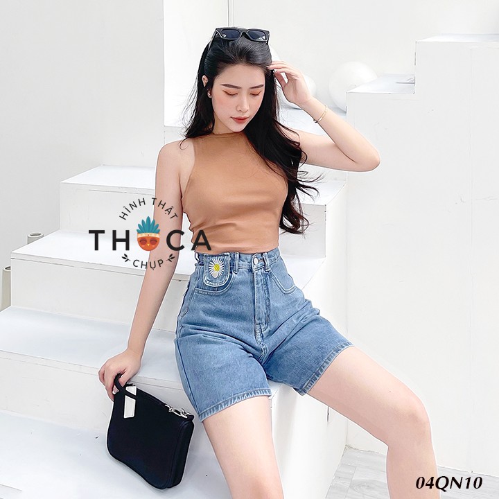 Quần jeans ngố nấp thêu hoa cúc xanh THOCA HOUSE xinh xắn, vải dày dặn, mát mẻ ngày hè