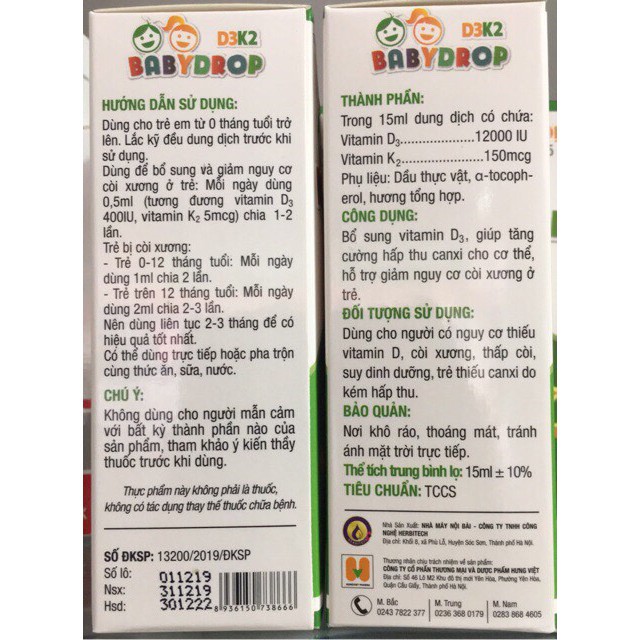 Baby Drop D3K2 - Bổ sung vitamin D3, K2 Giúp tăng cường hấp thu Canxi cho cơ thể. Hỗ trợ giảm nguy cơ còi xương ở trẻ