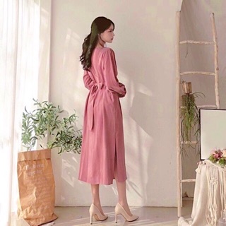 Đầm midi hồng ruốc tay dài v2 (kèm hình thật)
