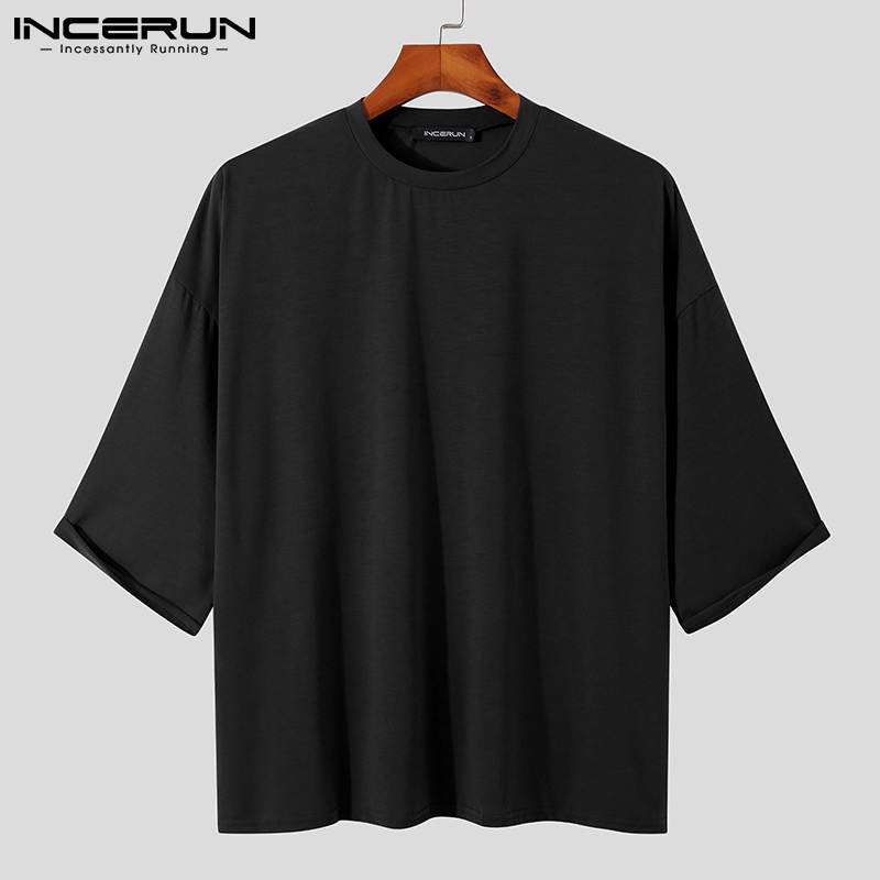 Áo thun INCERUN cotton tay lỡ cổ tròn màu trơn thời trang mùa hè cho nam giới