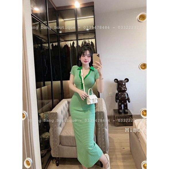 ĐẦM MIDI BODY SỌC XANH CỔ POLO