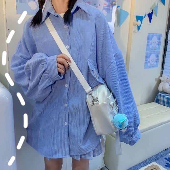 Áo Sơ Mi Nhung Kẻ Thêu Hình Dễ Thương Dành Cho Nữ