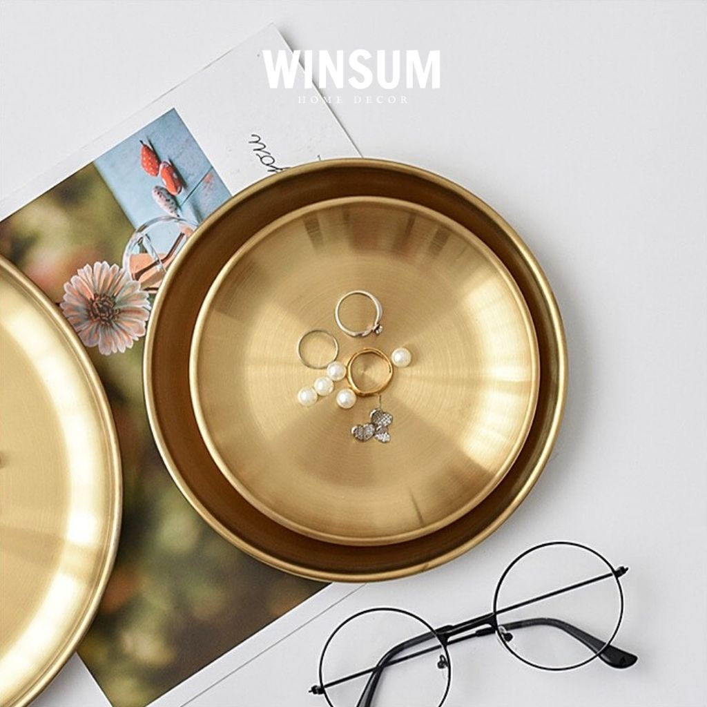 Đĩa kim loại màu vàng đồng đựng trang sức mỹ phẩm, khay inox chống gỉ - Winsum.decor