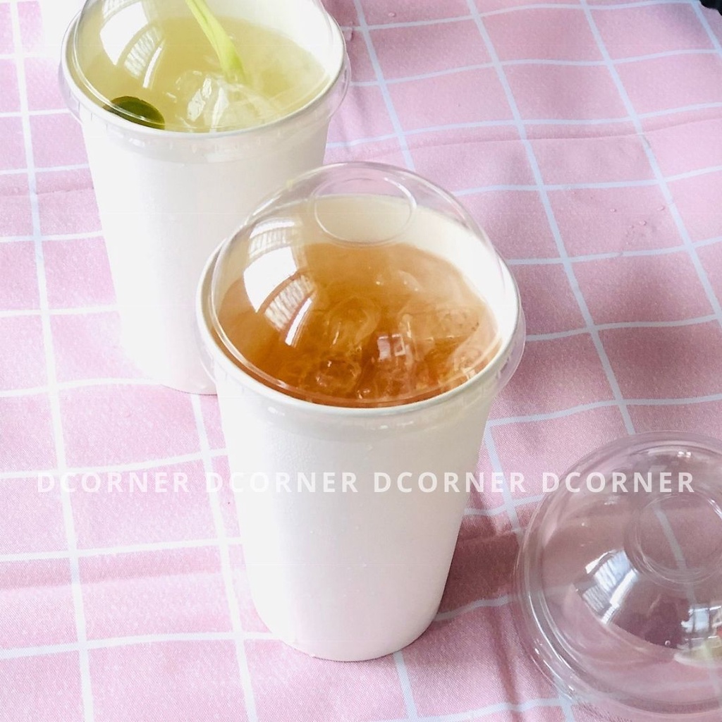 25 Ly Giấy 16 oz ~ 500ml Dùng 1 Lần - Ly Giấy Trắng Trơn Có Nắp Bằng| Nắp Cầu