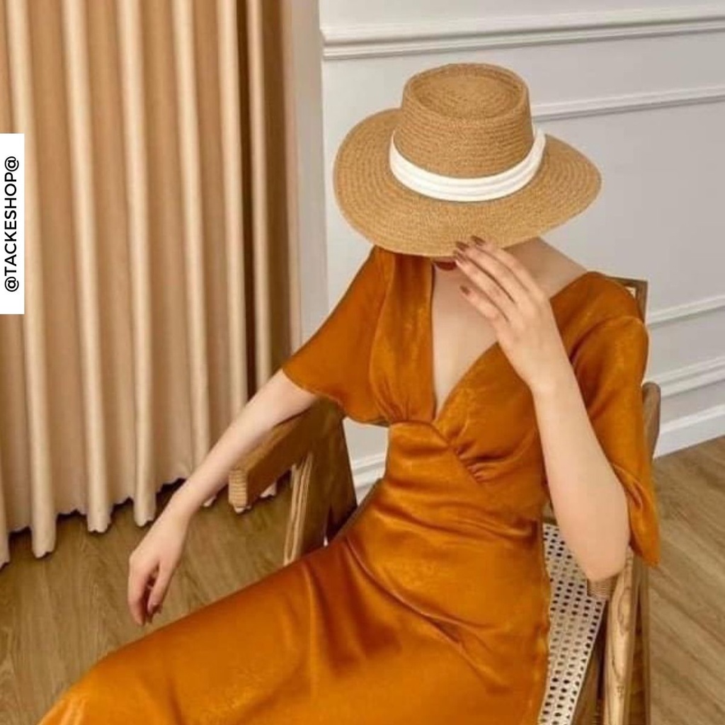 Váy đầm maxi cổ V dúm ngực dáng a dài đơn giản sang chảnh đi chơi đi biển