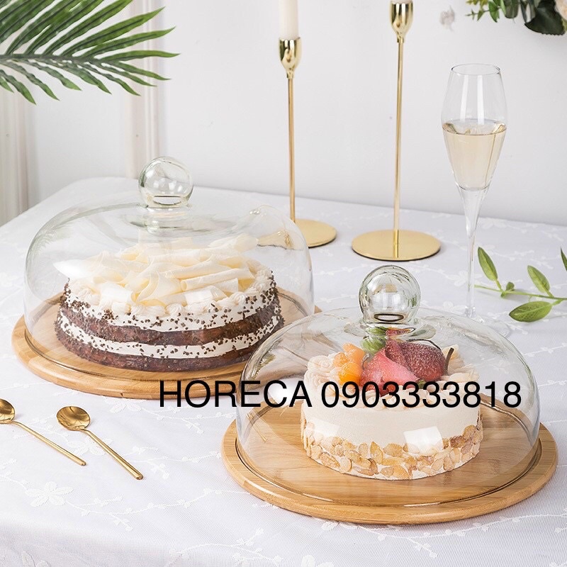 khay (kệ) trưng bày bánh kẹo đế gỗ tre nắp thủy tinh trong suốt, kệ tròn trang trí bánh ngọt [nhiều size]