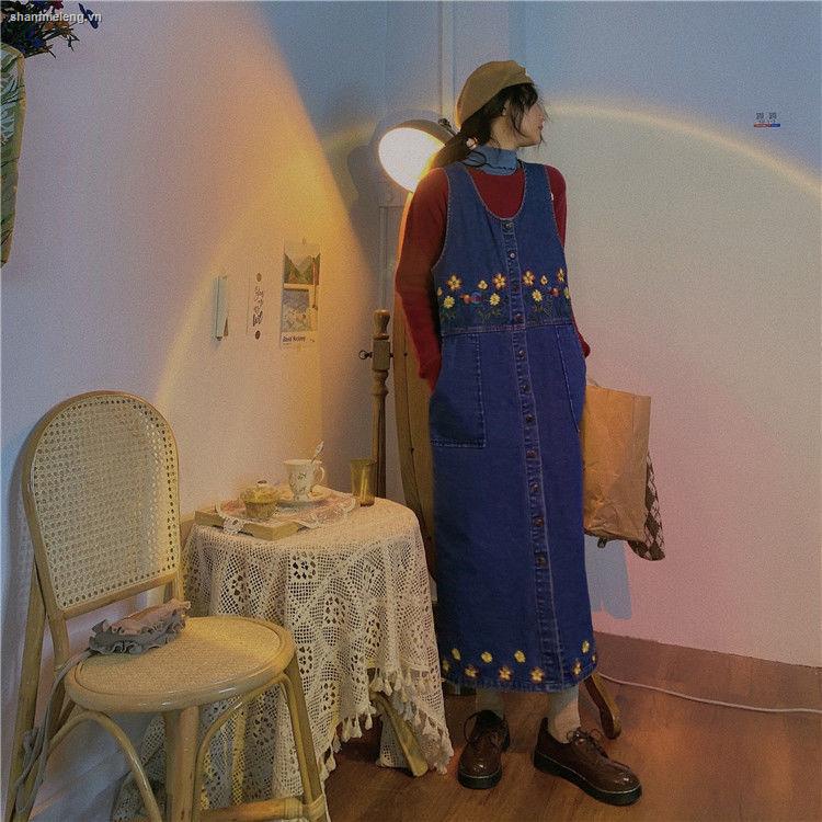 Đầm yếm denim thêu họa tiết phong cách Nhật Bản thời trang mùa thu dành cho nữ