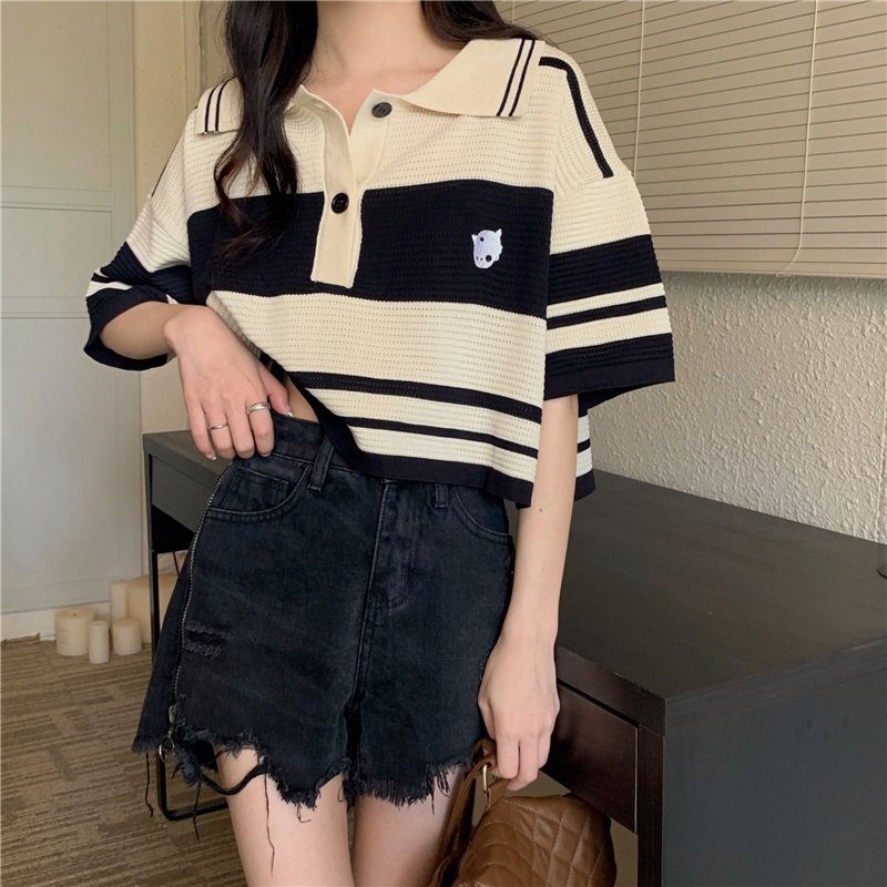 Áo Thun polo Dệt Kim Dáng Rộng Họa Tiết Kẻ Sọc Thời Trang Mùa Hè HZFWC4624