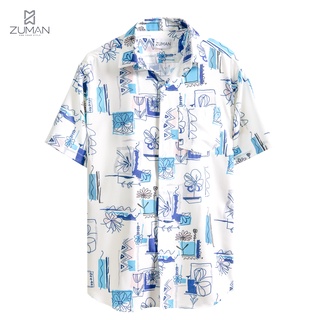 Áo sơ mi nam ngắn tay vải lụa thiết kế hoạ tiết bông hoa vẽ tay - ZUMAN - ASM59