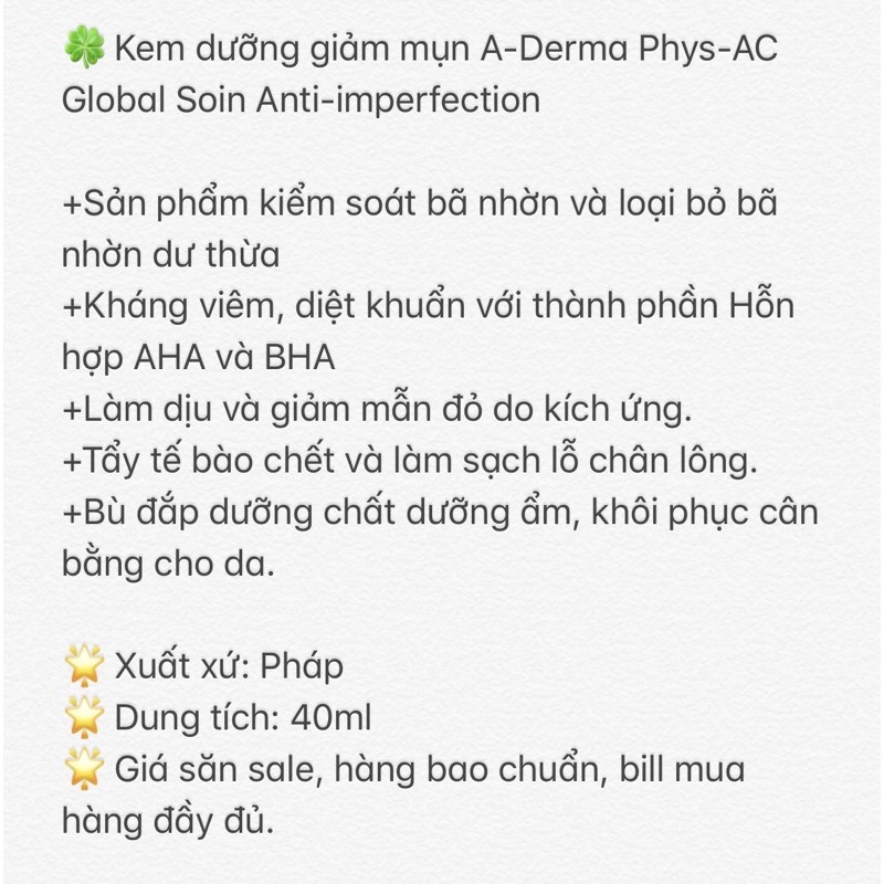 Kem dưỡng giảm mụn A-derma Phys-AC Global Soin Anti-Imperfection