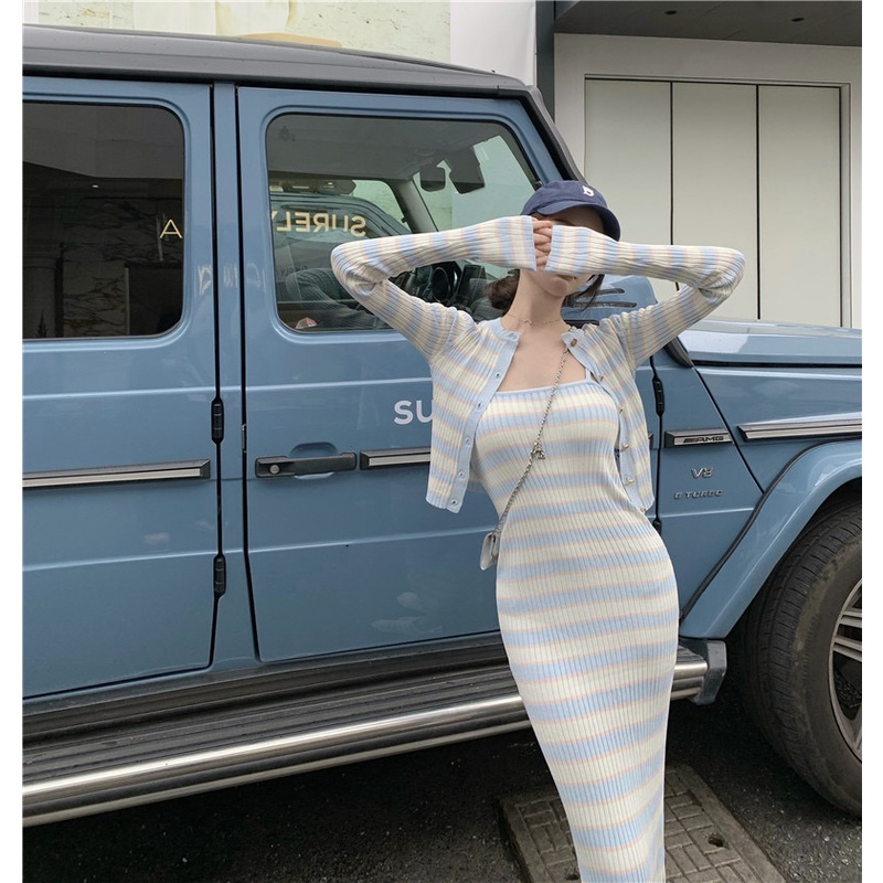 Áo khoác/ Đầm SUXI dài kẻ sọc ôm dáng thời trang cho nữ