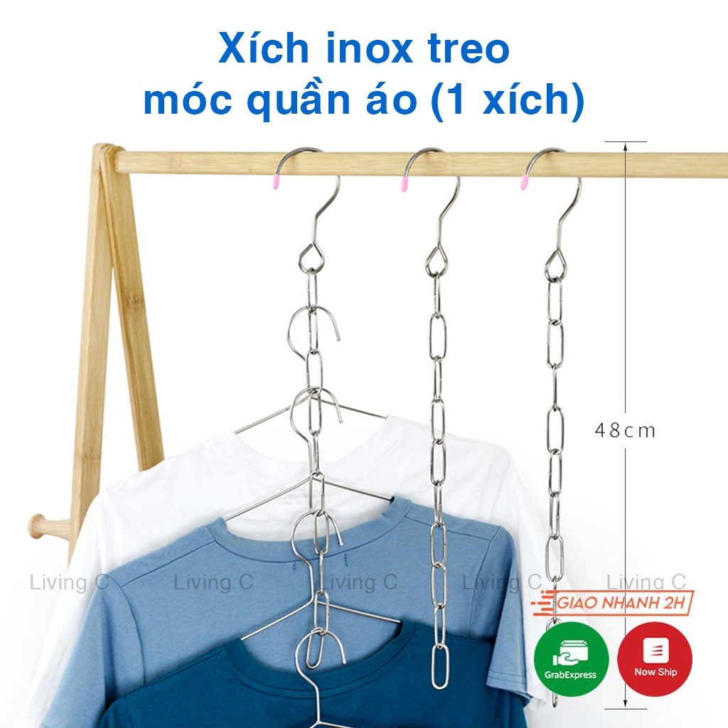 Combo 10 Móc Treo Quần Áo Thông Minh, Dây Xích Inox 10 Lỗ Treo Quần Áo Tiện Ích