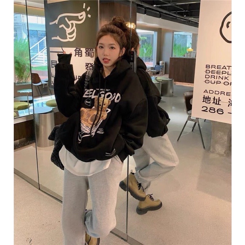 Áo HOOIDIE Nỉ Ngoại Dày Dặn Nón To Gấu FEEL GOOD Thời Trang Hàn Quốc