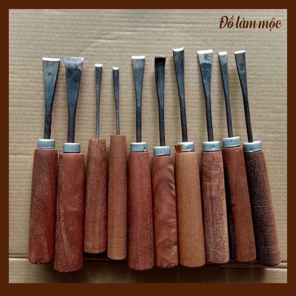 Bộ 10 cây đục lưỡi cong thẳng kết hợp 2 lưỡi to 8 lưỡi nhỏ đục lồng chim sáo diều mài sắc tra cán gỗ nhám chắc chắn