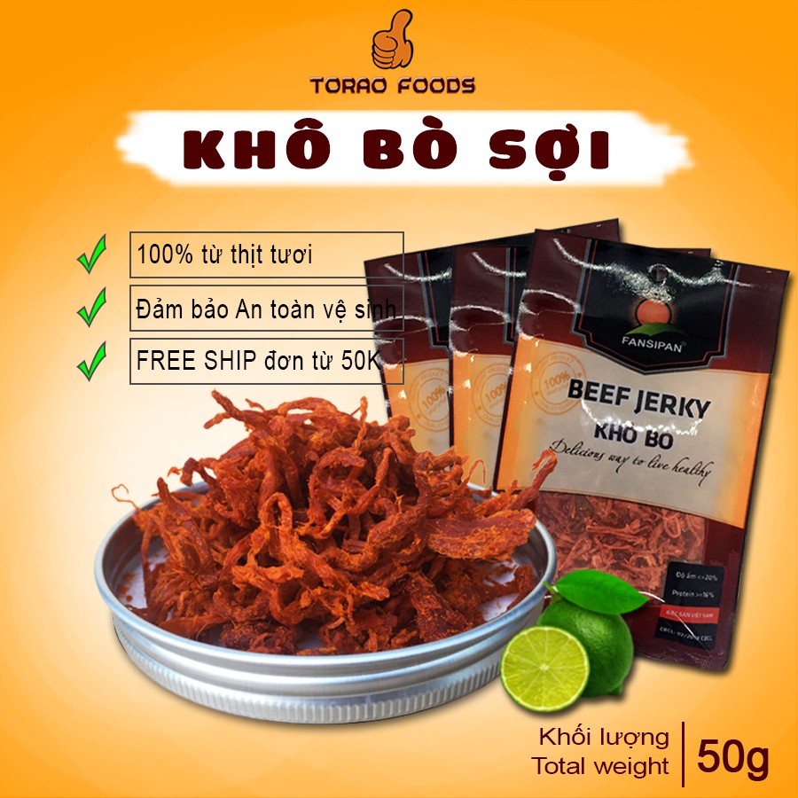 [COMBO 3 GÓI] Khô bò sợi xé mềm cay 50g thơm ngon đảm bảo an toàn vệ sinh thực phẩm, Torao foods - đồ ăn vặt ngon
