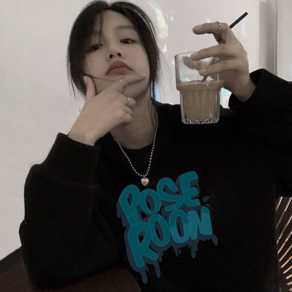 Áo Sweater Cotton Mỏng Cổ Tròn Dáng Rộng Màu Đen Thời Trang Hàn Quốc 2022 Cho Nữ