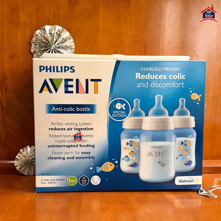 Bình sữa Avent Anti-Colic cổ rộng 260ml họa tiết