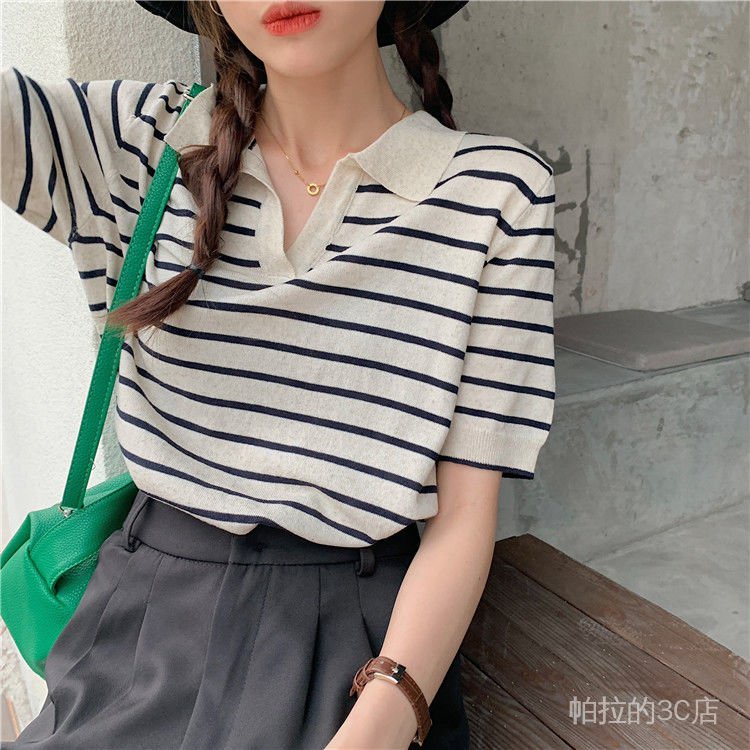 Linh Kiện Điện Tử Pala★ Áo Sơ Mi Tay Ngắn Cổ Chữ V Kẻ Sọc Trắng Đen Phong Cách Retro | BigBuy360 - bigbuy360.vn